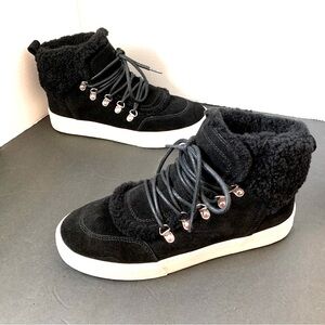 MARC FISHER MLSANA BLACK LEATHER SUEDE LACE UP SHEEP SHEARLING SNEAKERS SIZE 8